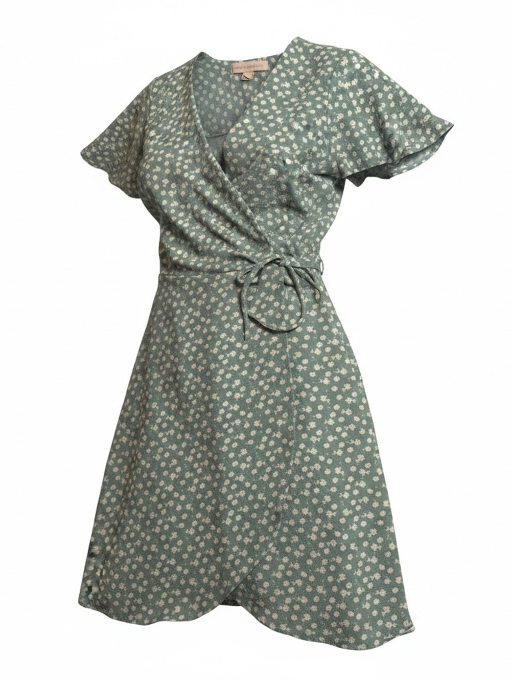Flowy summer floral Monteau Green White Wrap mini midi Dress Flutter‎ Sleeve XS